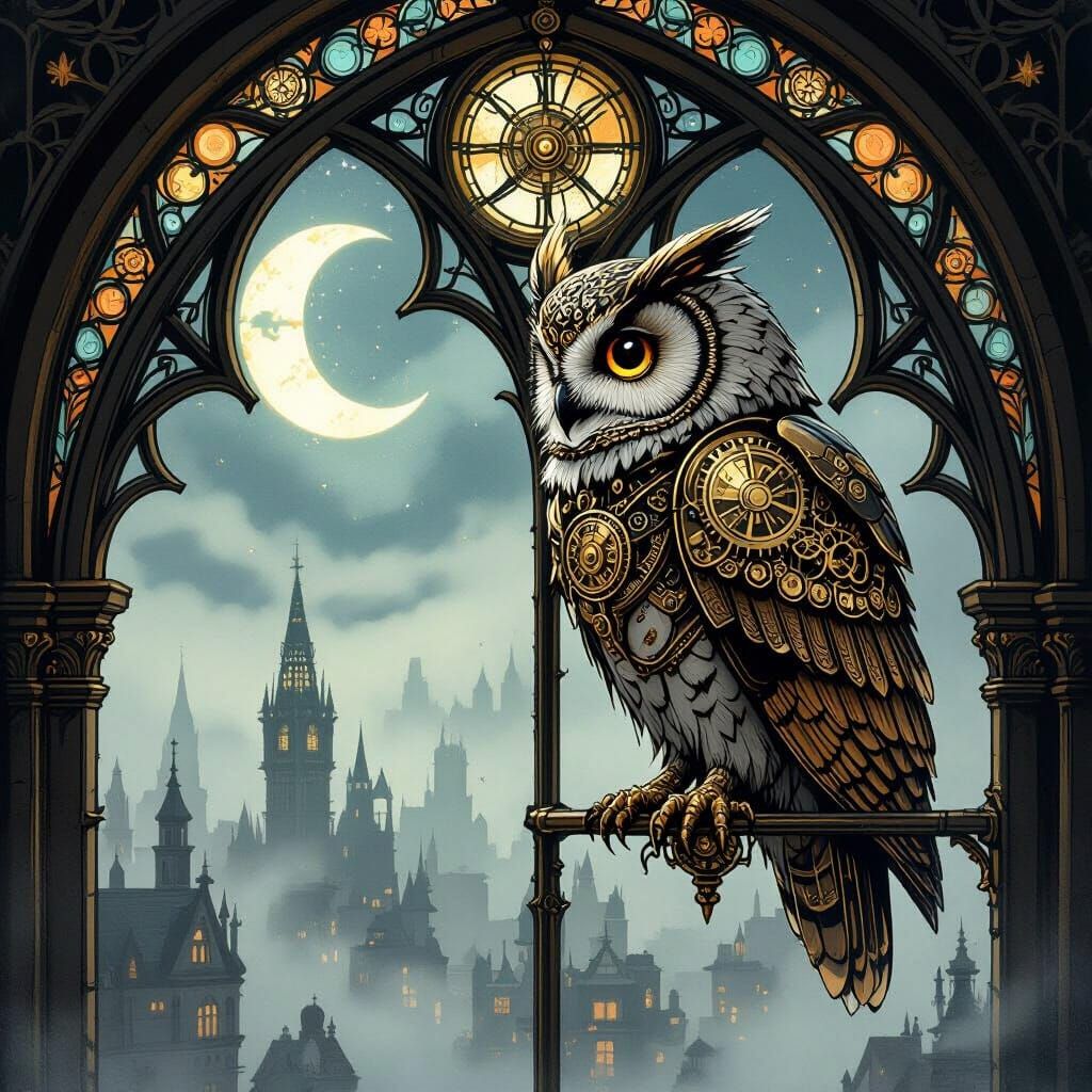 Steampunk Clockwork Owl on Gothic Window