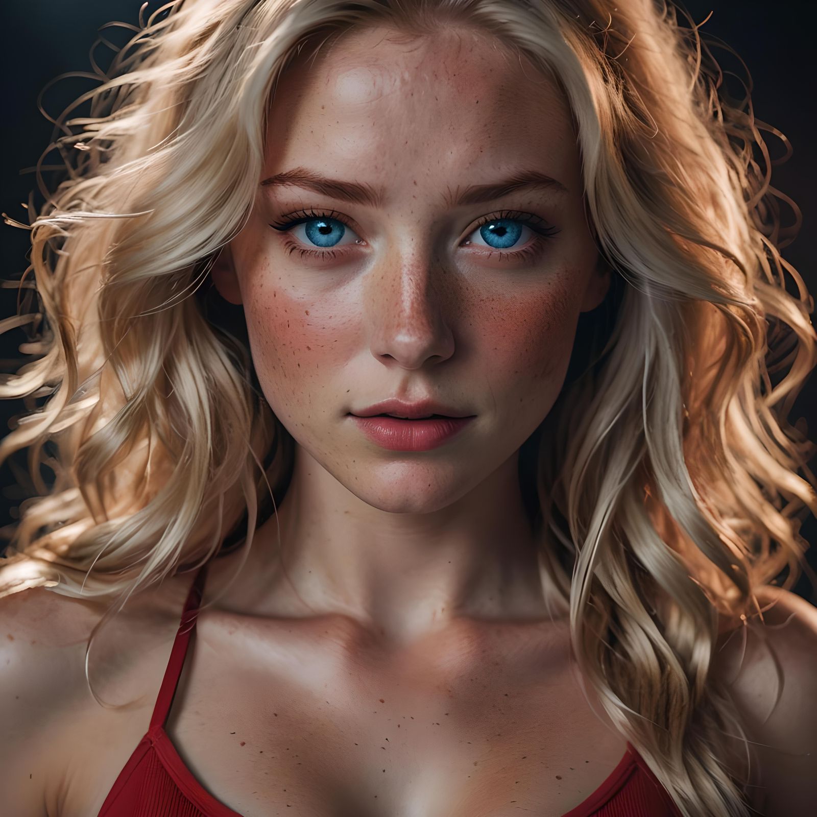 Blonde Woman with Freckles in Studio Lighting