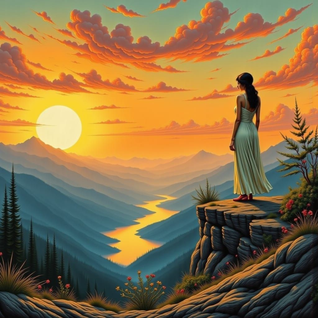 Elegant Woman on Cliff at Sunset, Art Nouveau Style