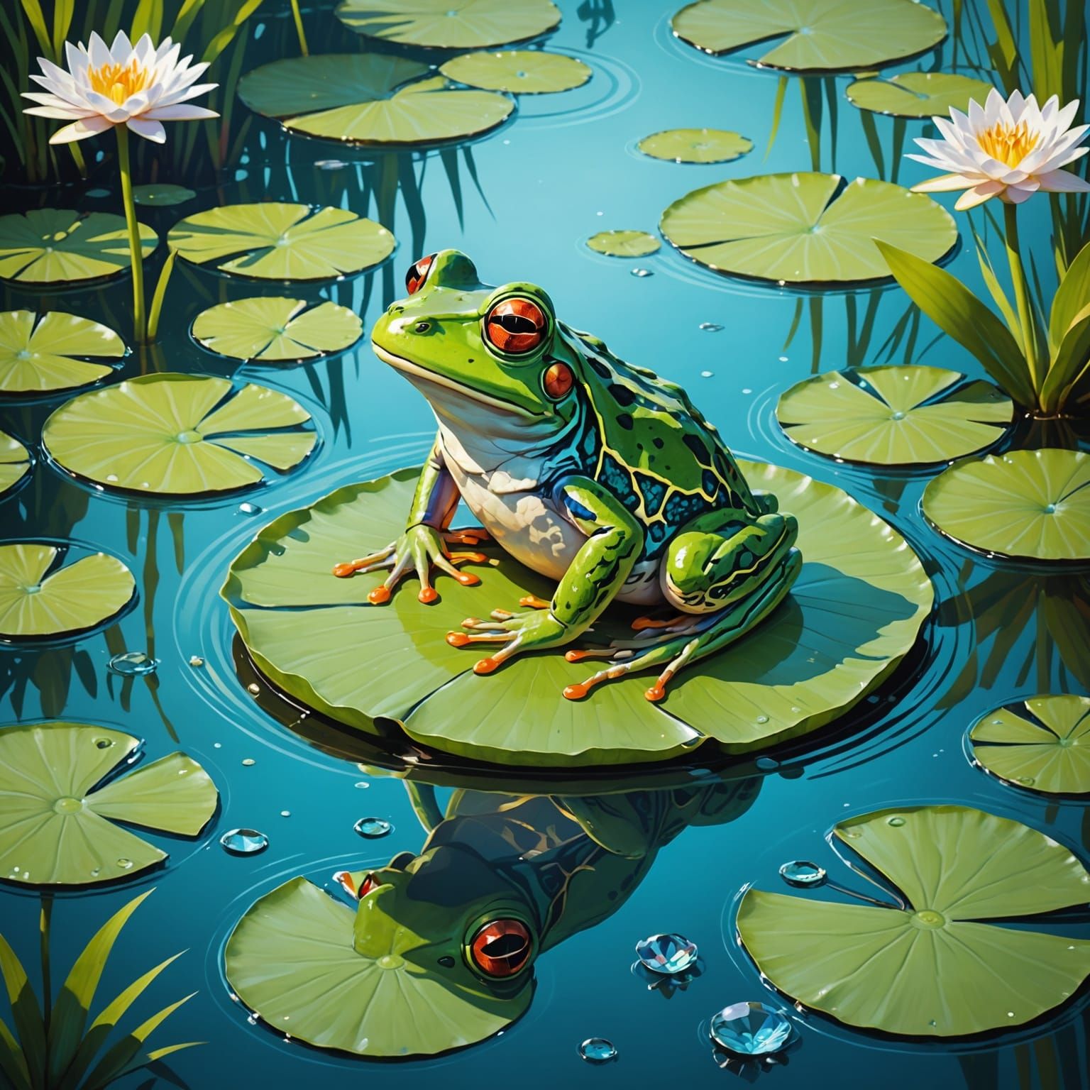 Frog and Dragonfly in a Magical Pond