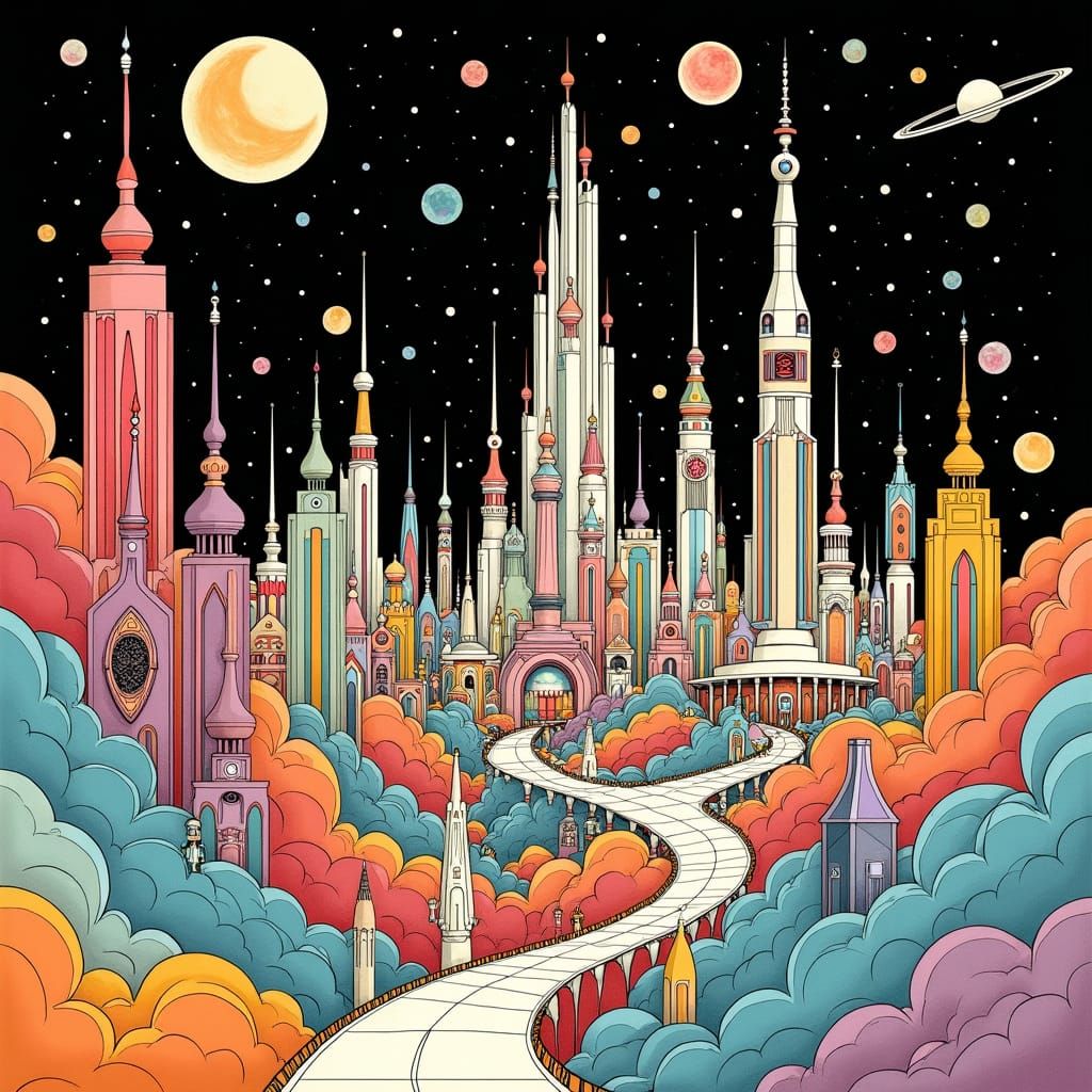 Alien City: Vibrant Lines in a Minimalist Style