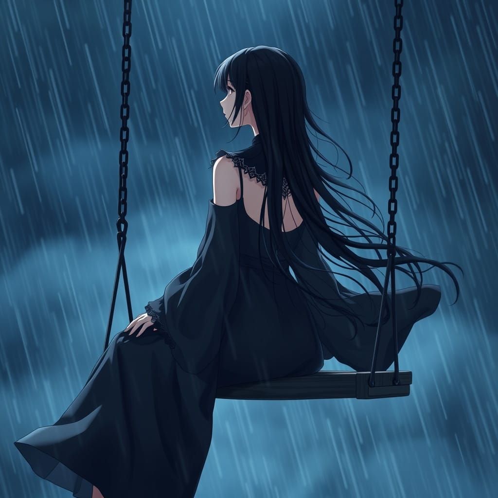 Mysterious Girl Seated on a Swing in a Stormy Night Sky