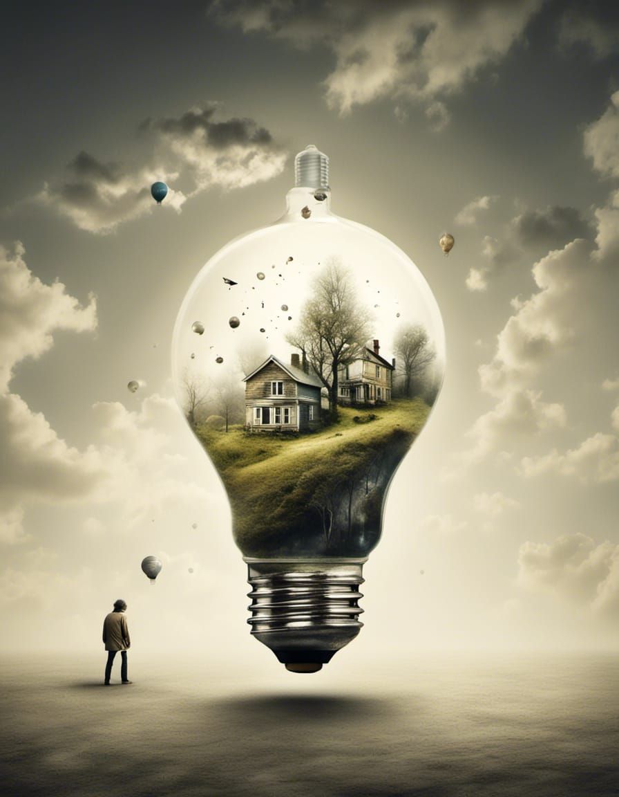 Double Exposure Lightbulb with Floating Treehouse