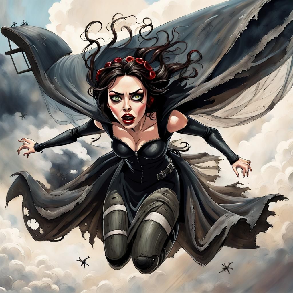 Gothic Black Widow Bride Skydiving: Dark Fantasy Art