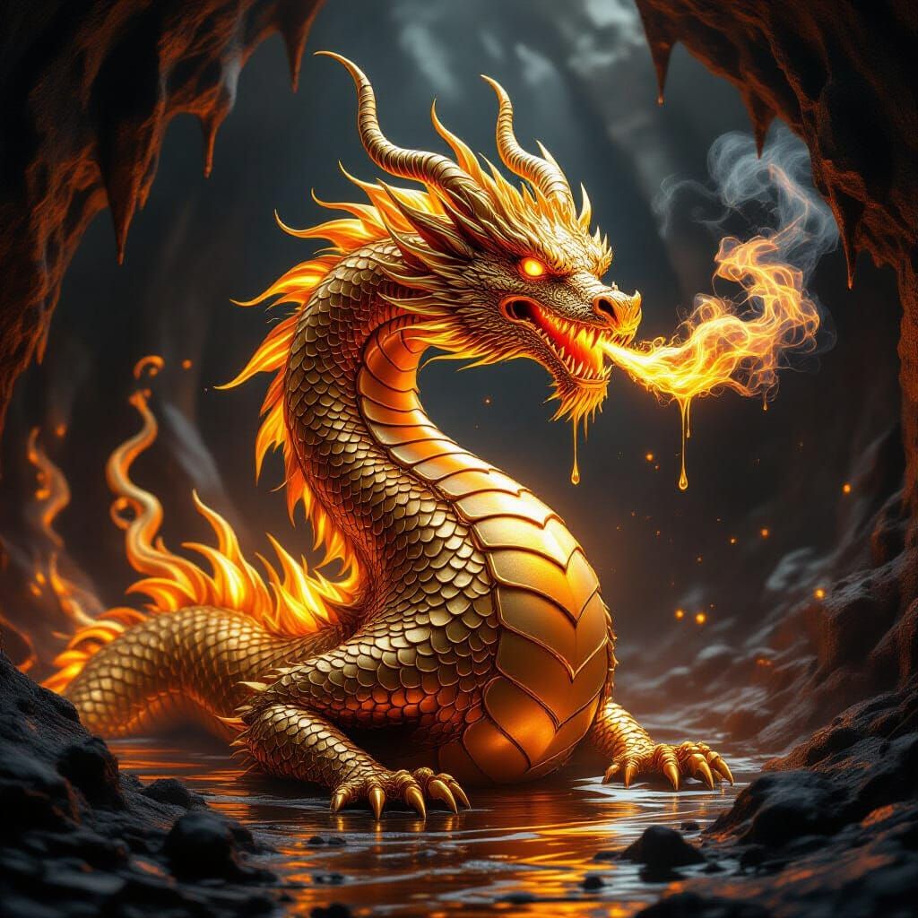 Majestic Molten Gold Dragon in Dark Cavern