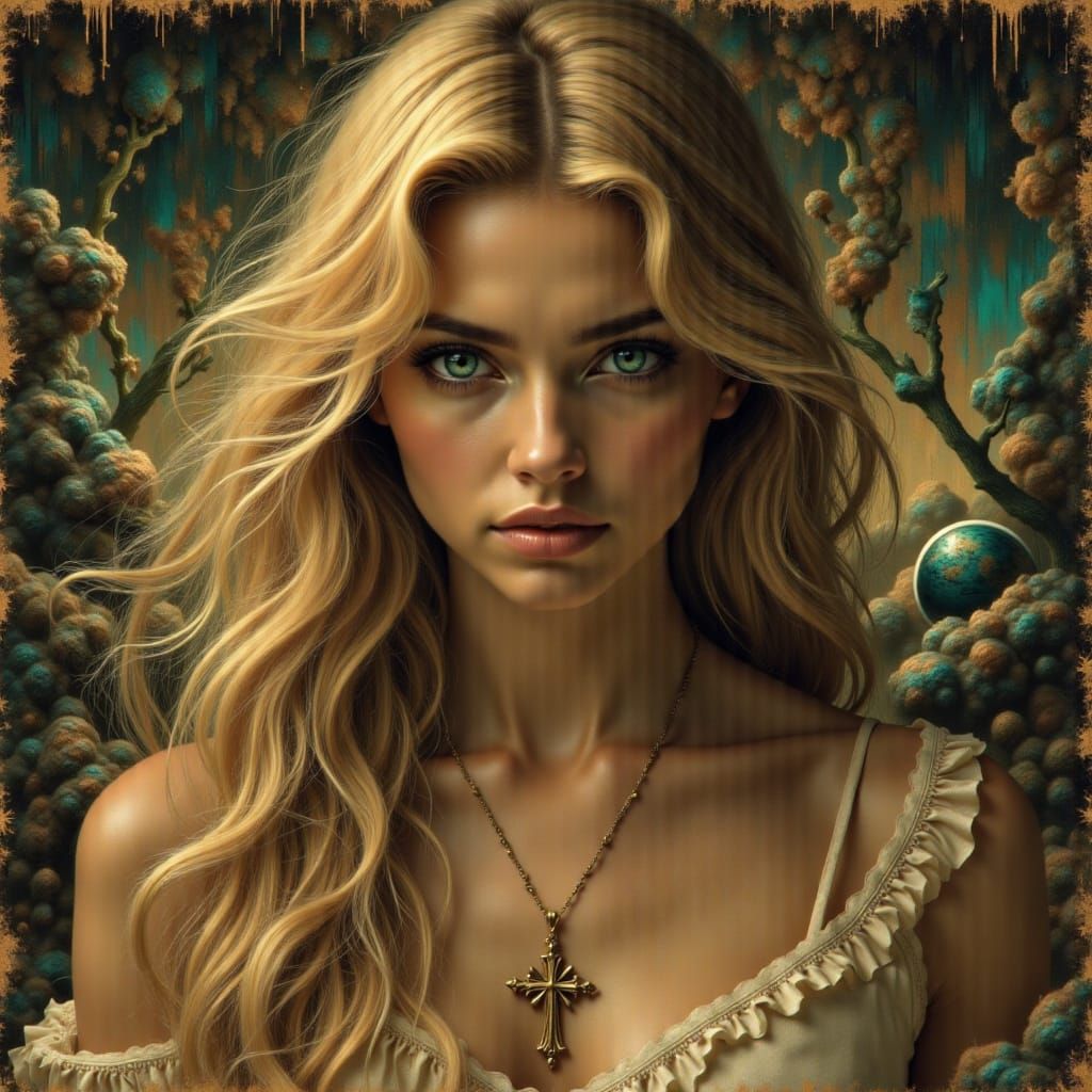 Beautiful Woman with Gold Cross Necklace in Dramatic Light