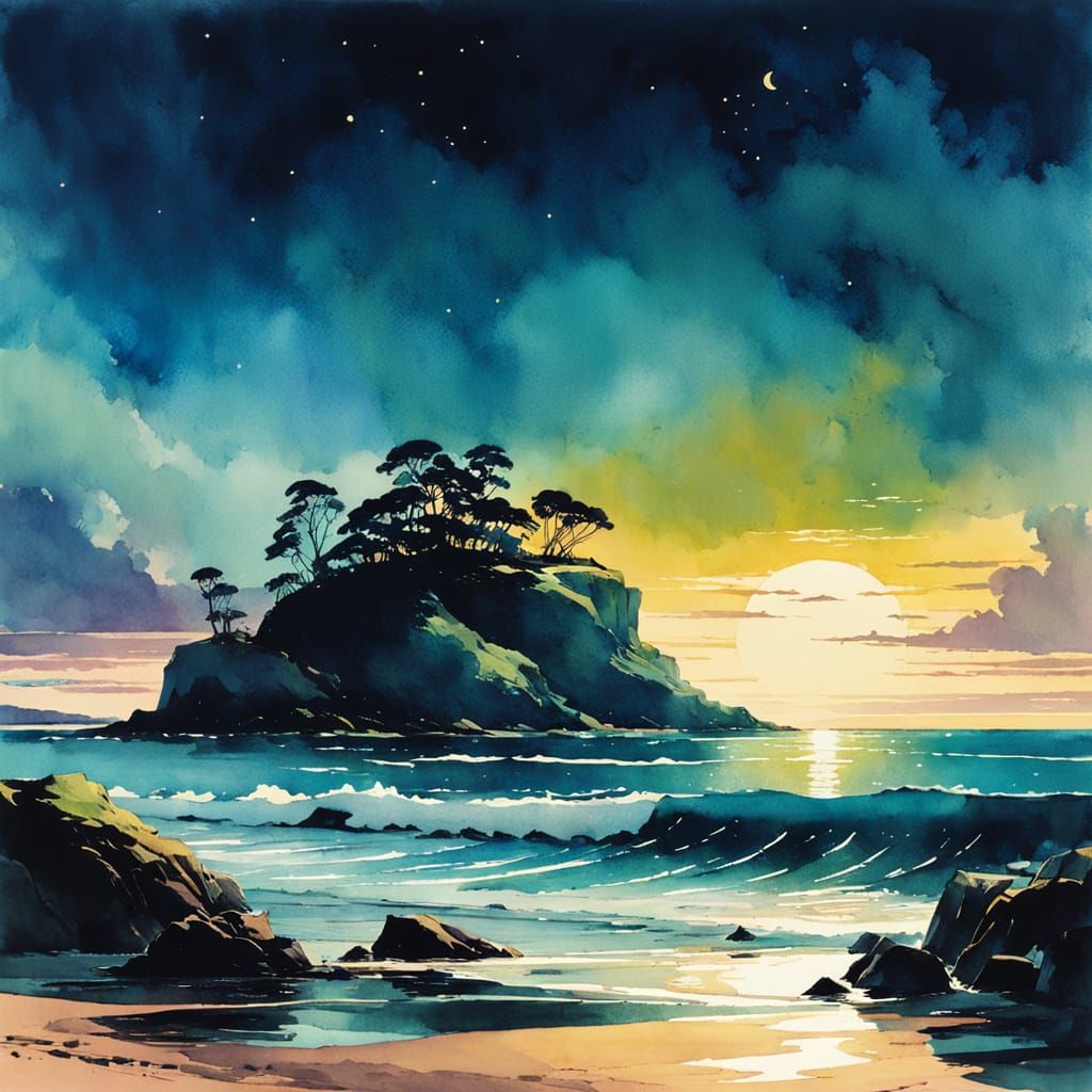 Chiaroscuro Seashore at Night in Watercolor