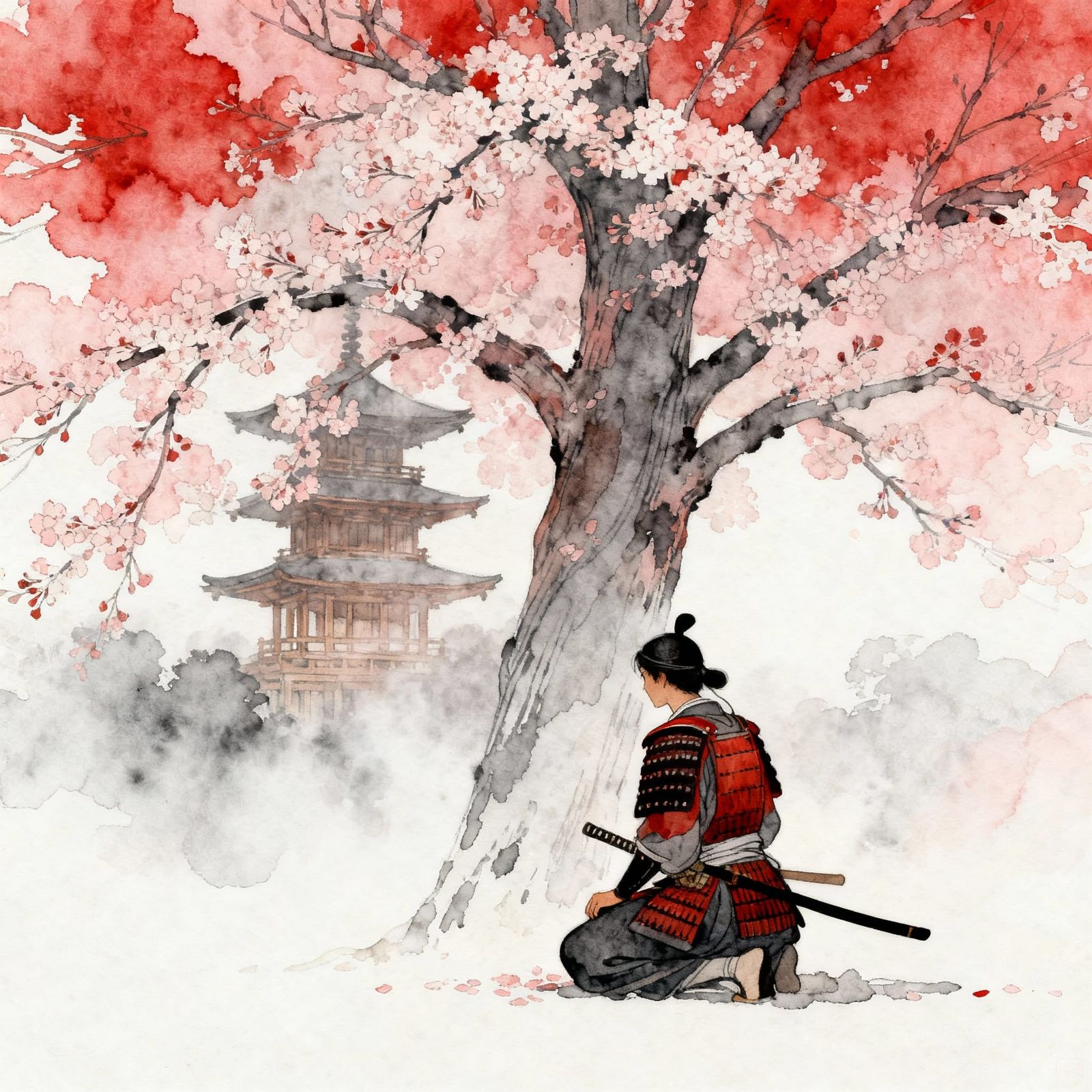 Samurai Before Cherry Blossom Tree, Minimalist Watercolor