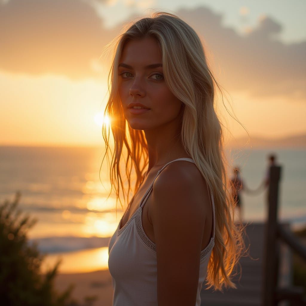 Blonde Girl on Pier at Sunset: Photorealistic