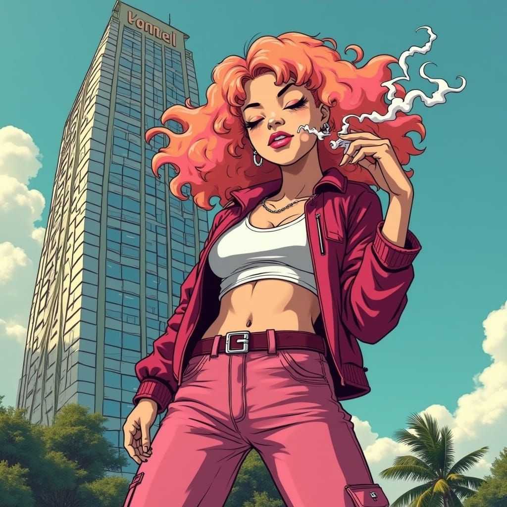 Anime Girl Smoking Weed in Futuristic Cityscape