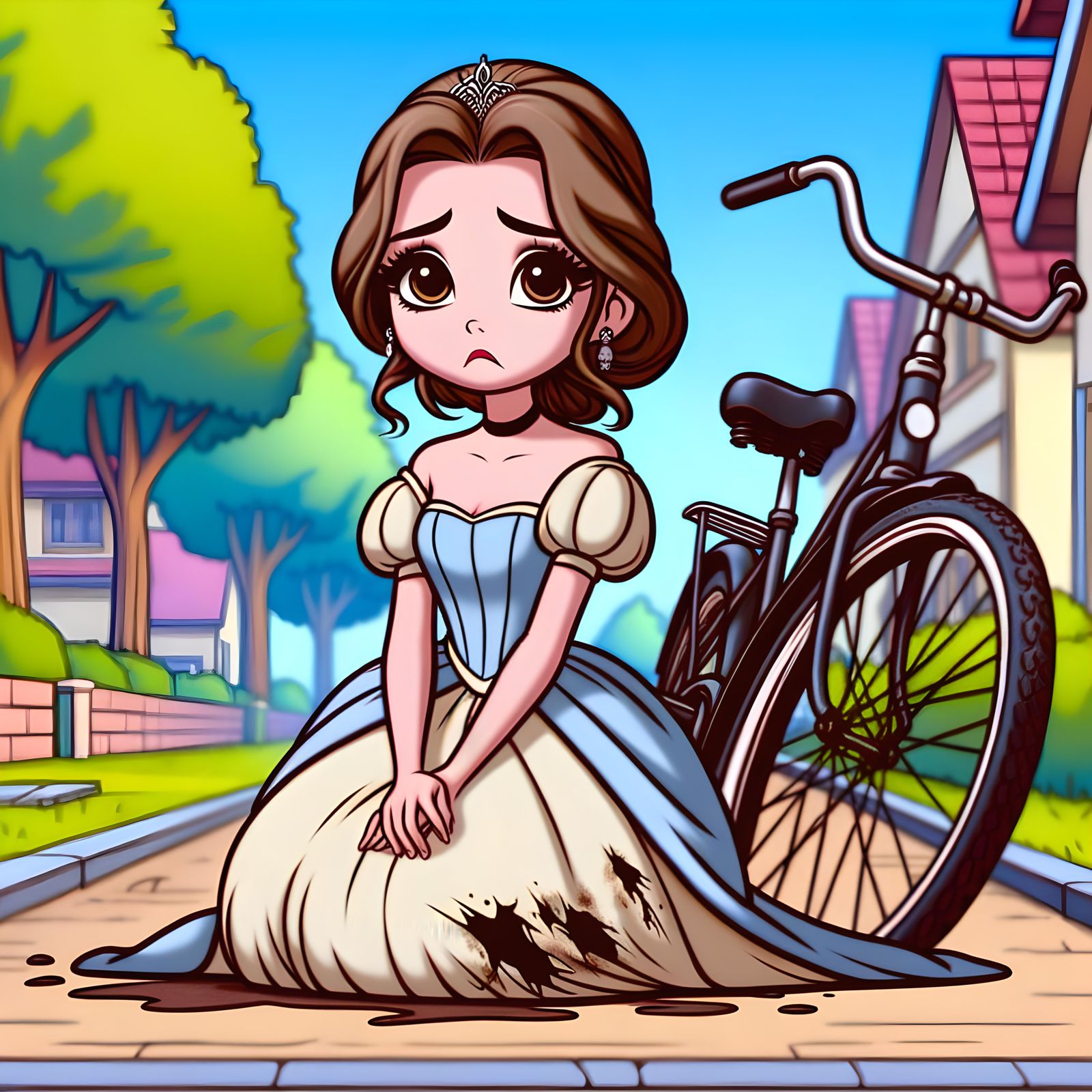 Sad Princess Fallen From Bicycle in Cartoon Style