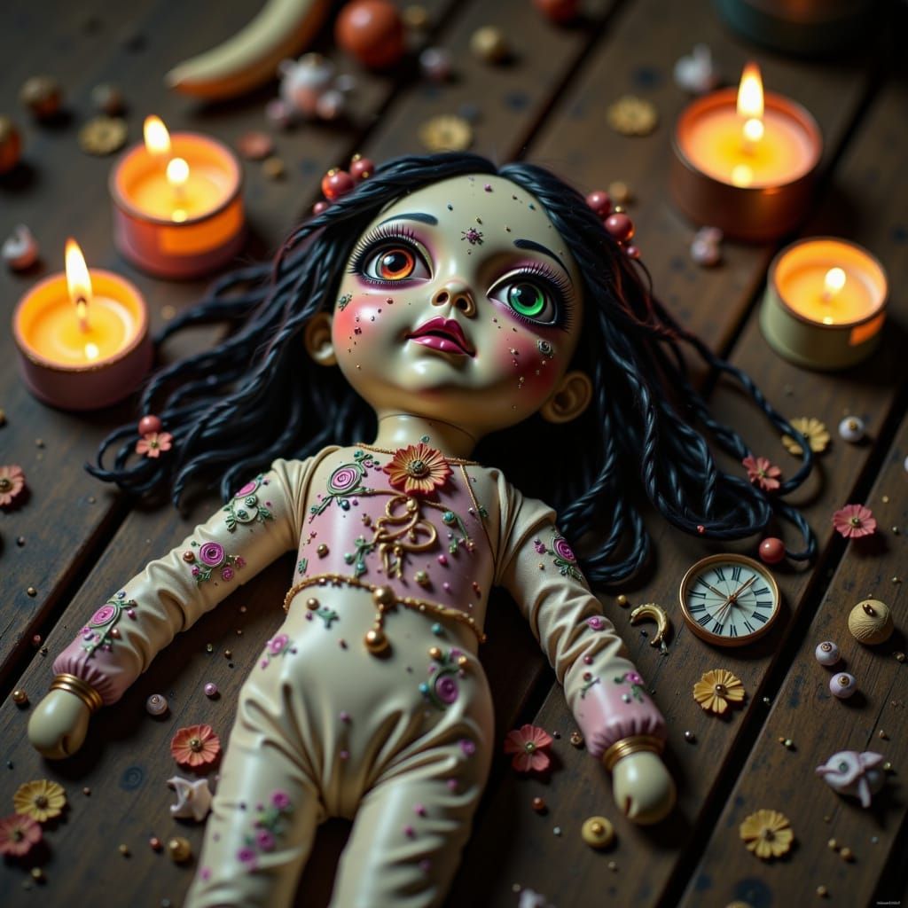 Voodoo Doll with Candles and Herbs in Digital Art Style
