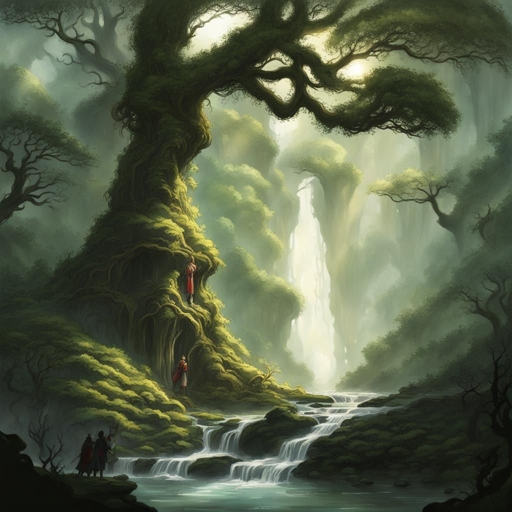 Ominous Forest Scene with Waterfall in Matte Painting Style