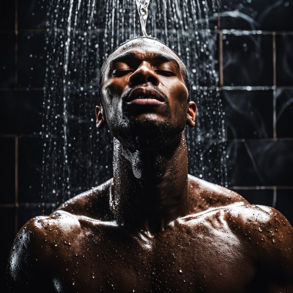 Photorealistic Portrait of a Young Black Man Showering in a ...