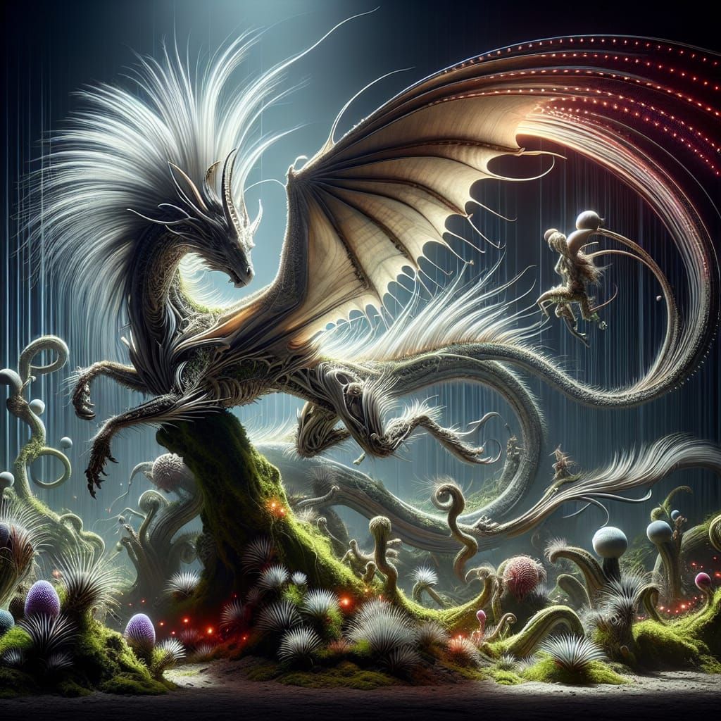 Mystical Dragon with Tillandsia Plants in Eerie Setting