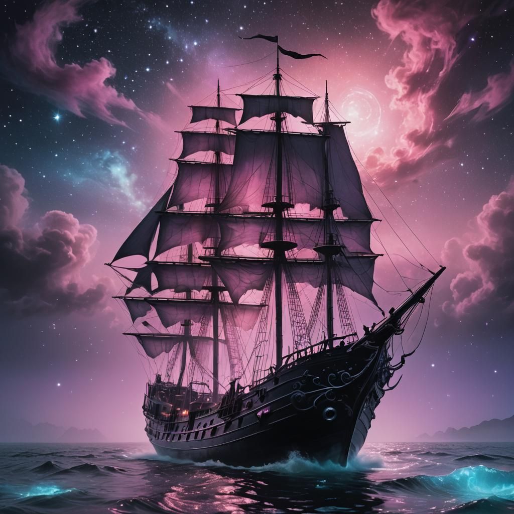Obsidian Ghost Ship on Misty Ocean at Night