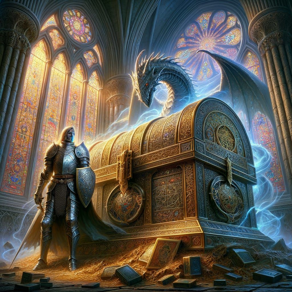 Knight Guarding Rune Treasure Chest in Gothic Cathedral