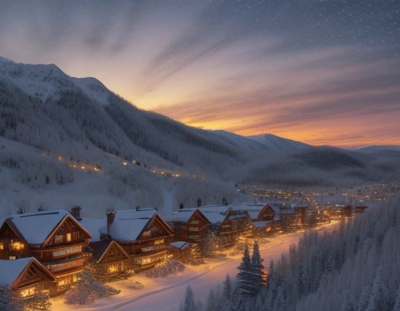 Sunset Ski Resort Village in Impressionist Style