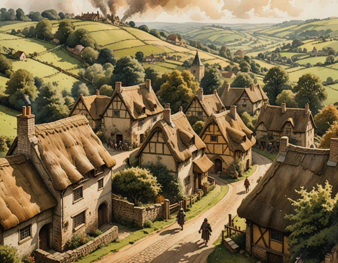 Idyllic Medieval English Village in Watercolor Style