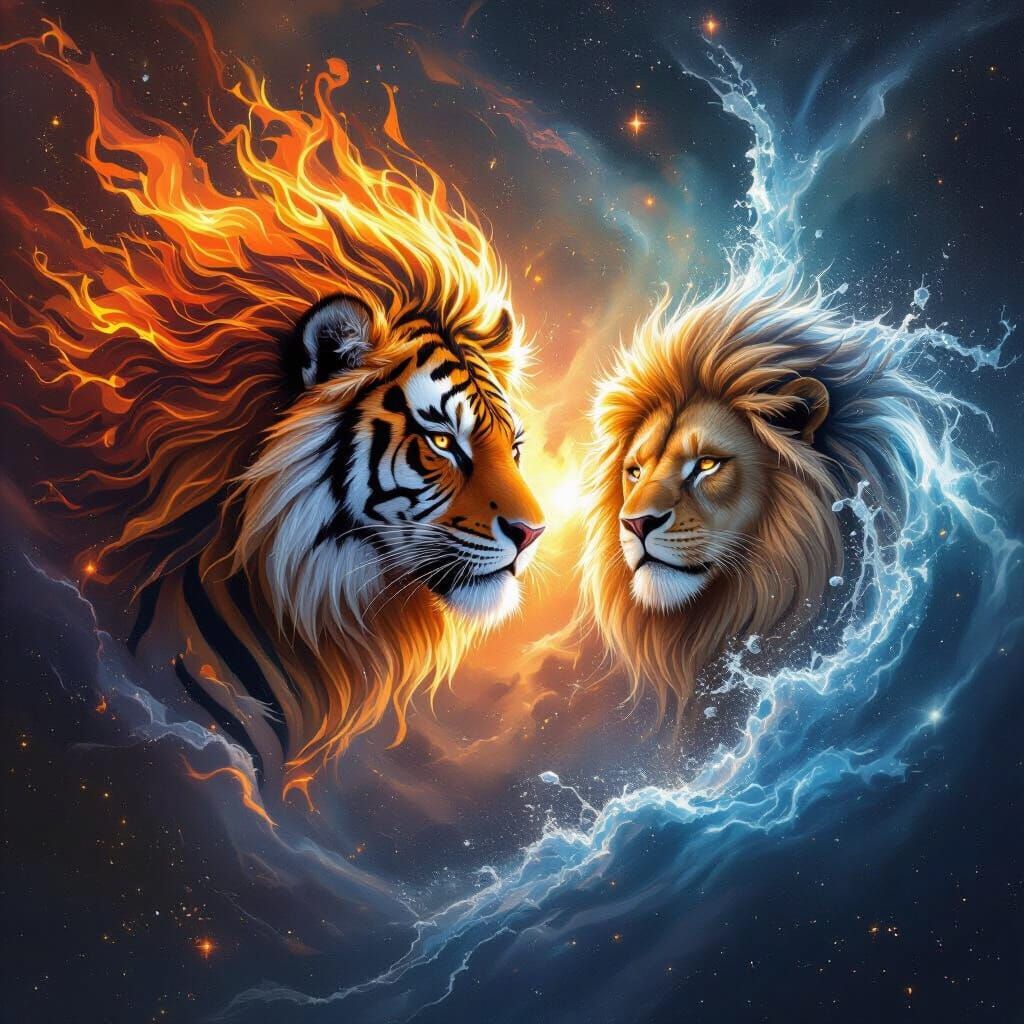 Cosmic Tiger and Lion Amidst Nebula