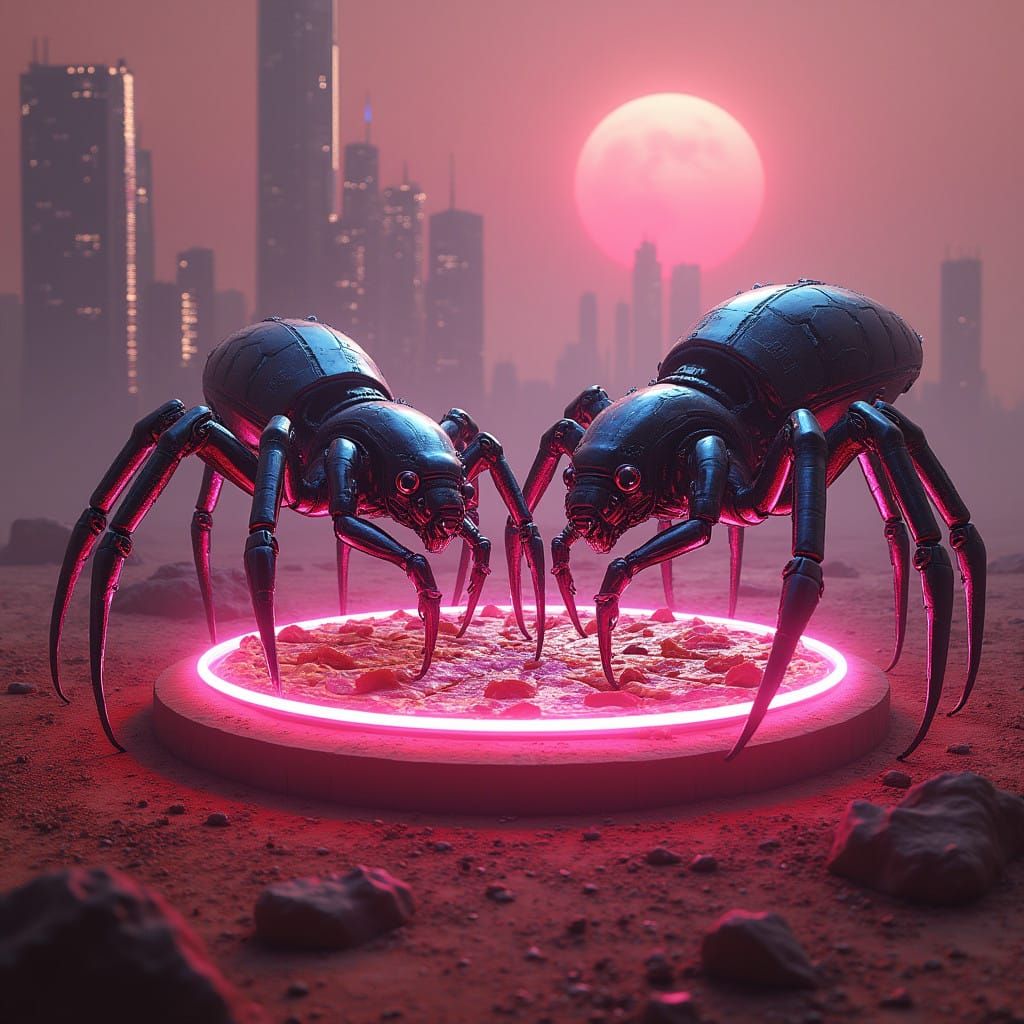 Gargantuan Arachnids Devour a Neon Pizza Disc in a Cyberpunk...