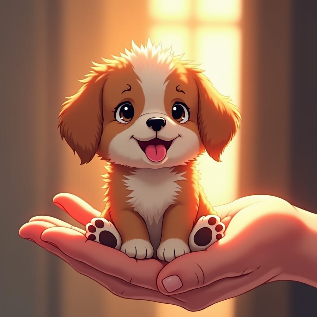 Adorable Puppy in Hand: Manga-Inspired Anime Art