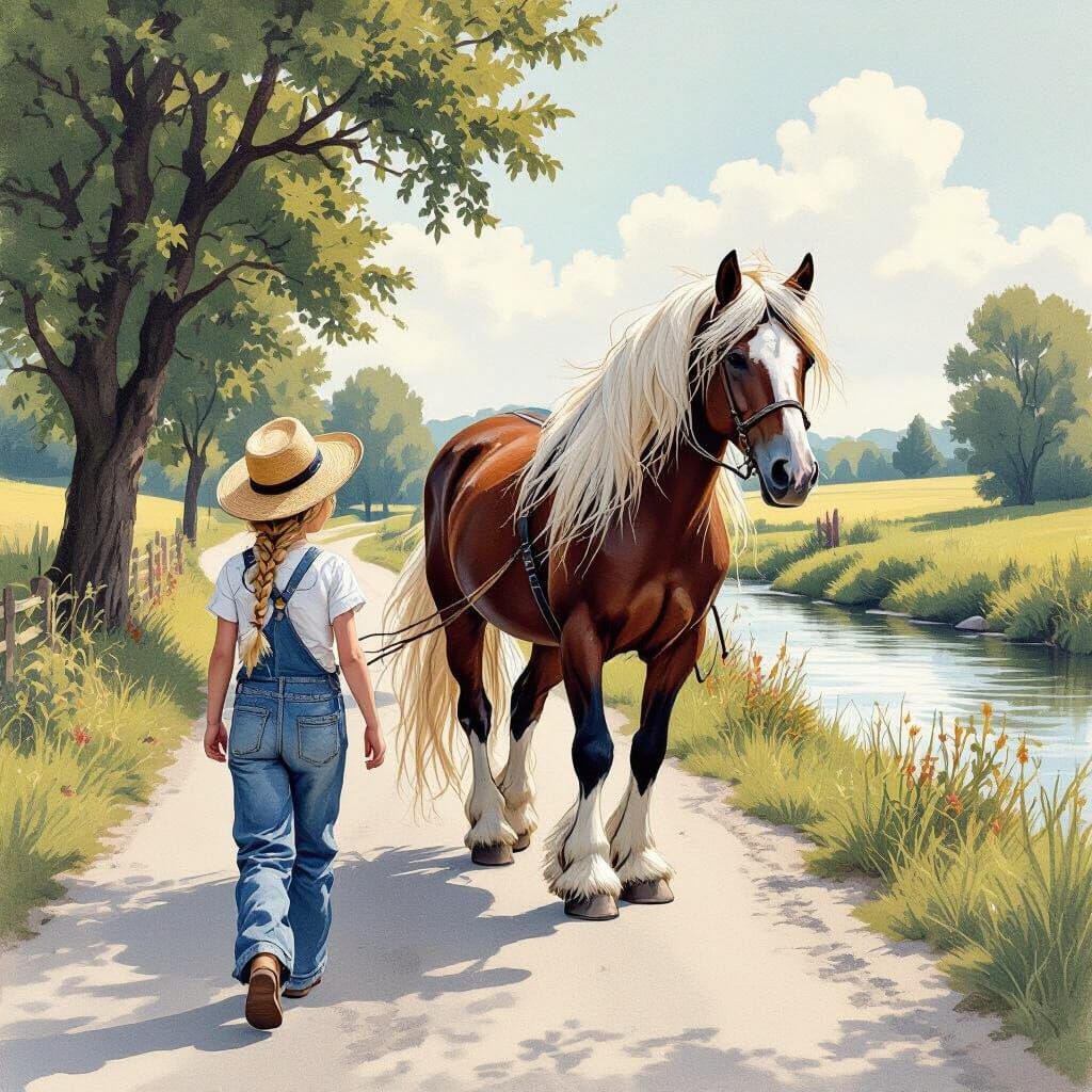 Farmgirl Leads Gypsy Vanner Cob: Ink Illustration