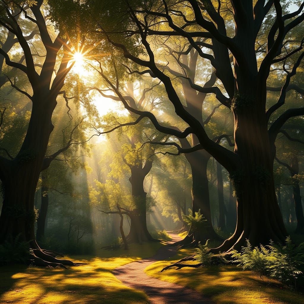 Serene Forest Glade in Warm, Golden Light