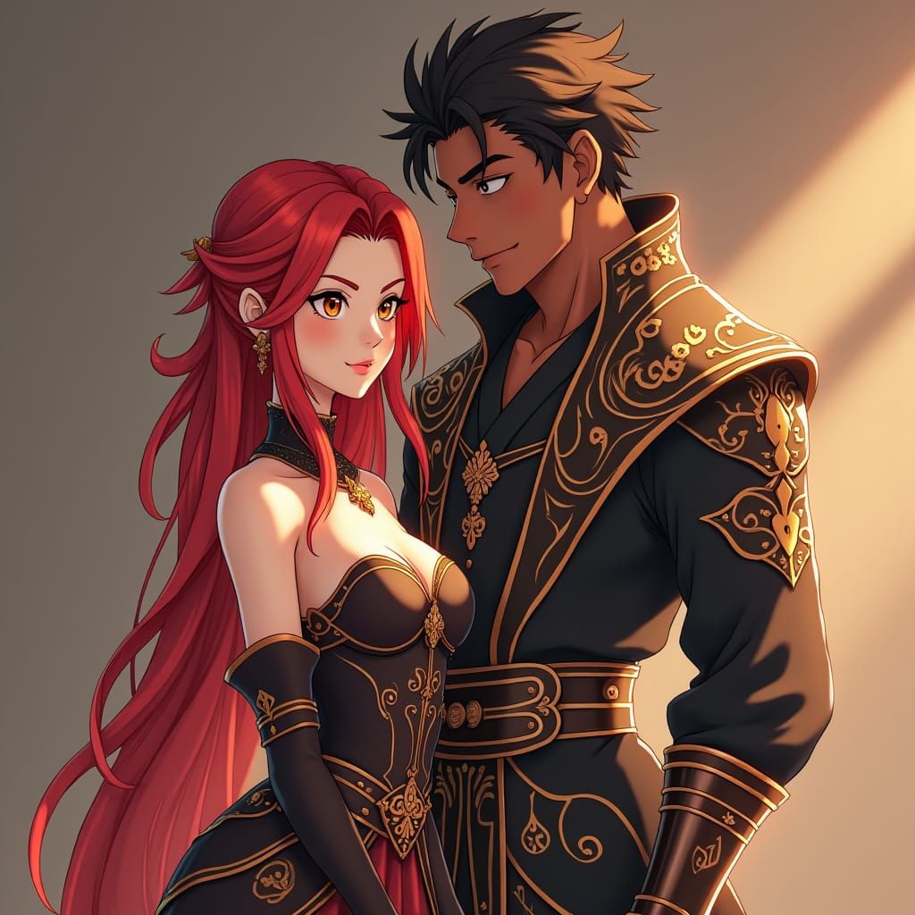 Regal Woman and Dark-Skinned Companion in Anime Style