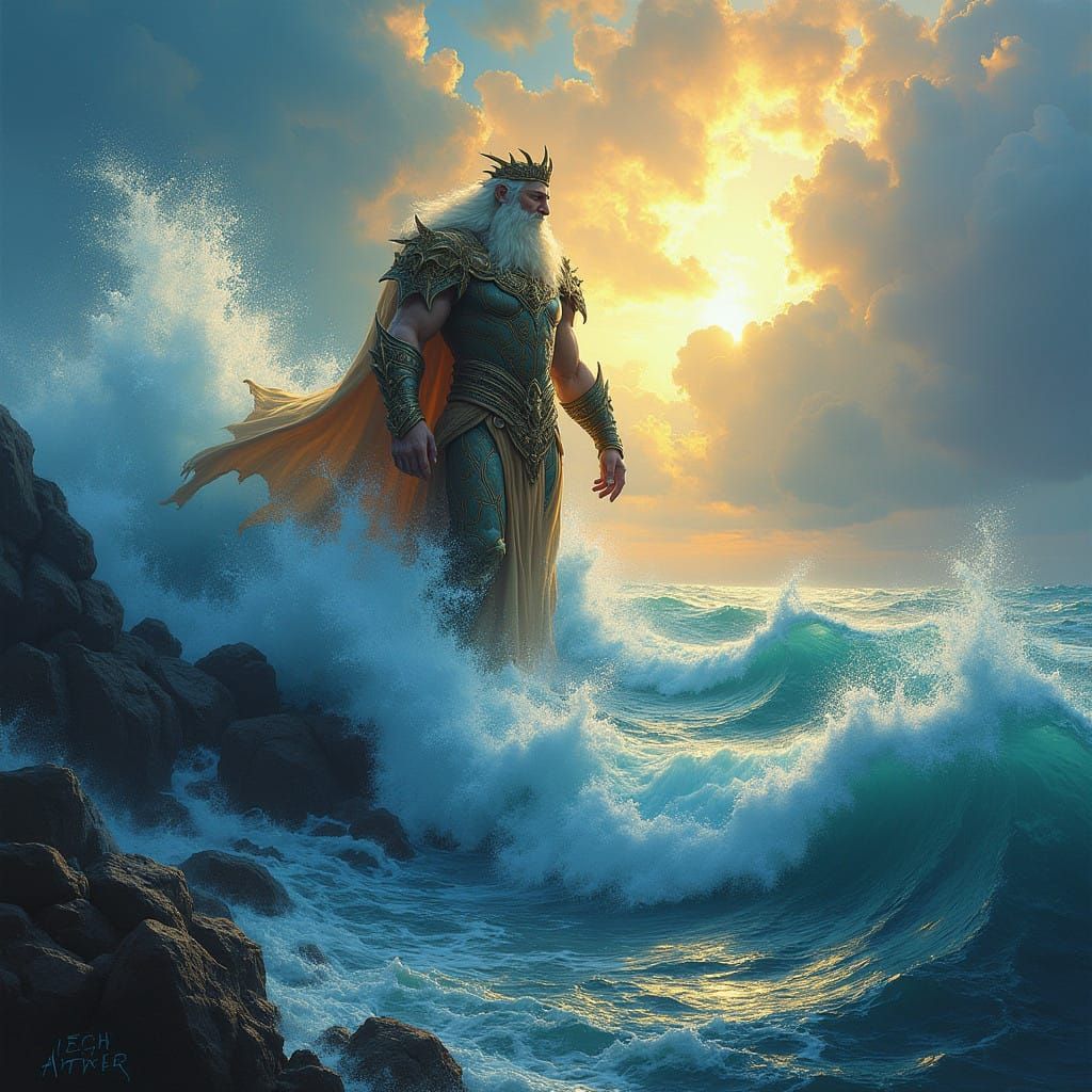 Majestic Sea God Stands Proud in a Dramatic Ocean Scene, in...