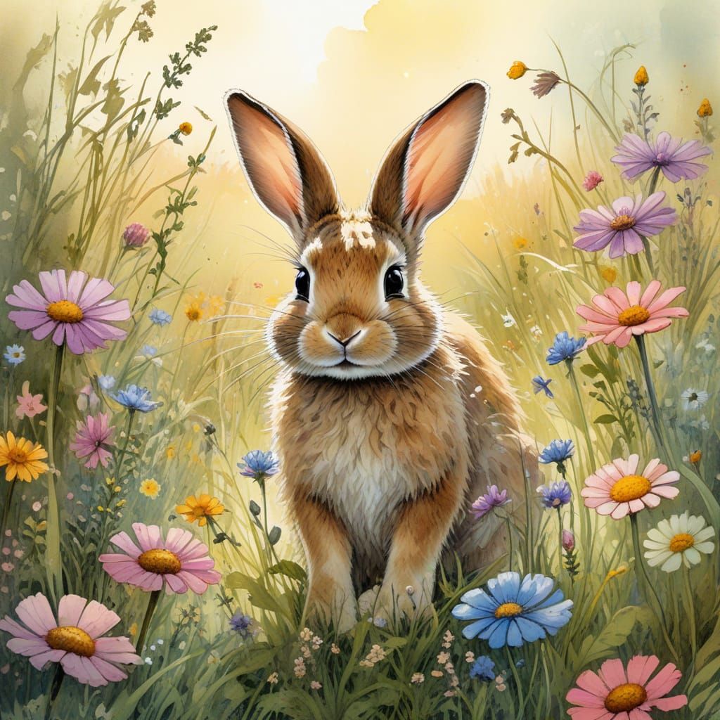 Whimsical Bunny in a Lush Meadow Scene, in Vintage Illustrat...