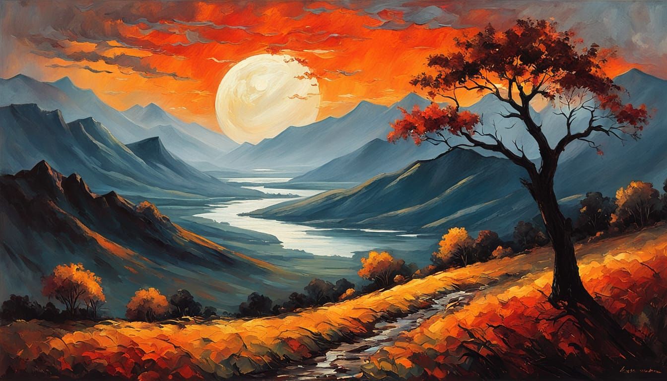 Impasto Landscape Painting of Fiery Sky and Gnarled Tree