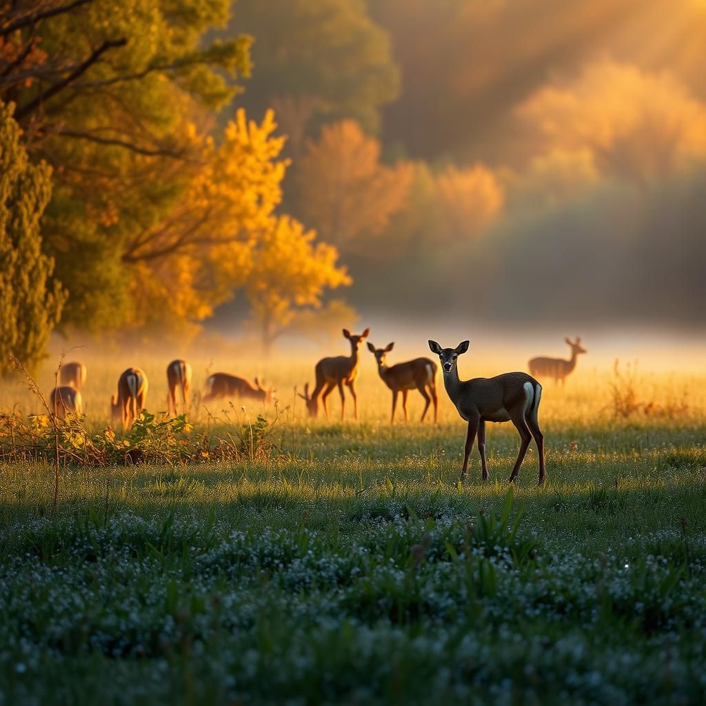Misty Fall Meadow with Deer at Dawn