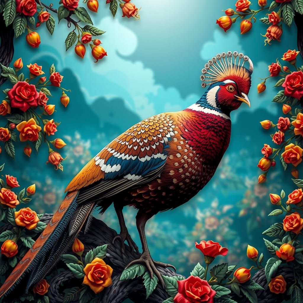 Ornate 3D Pheasant Over Fruited Plain