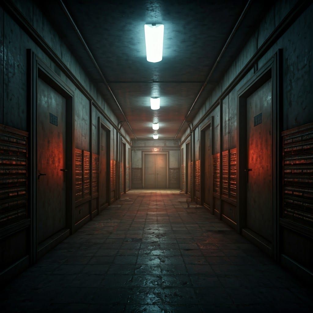 Eerie Liminal Space: Dimly Lit Backrooms in Cinematic Style