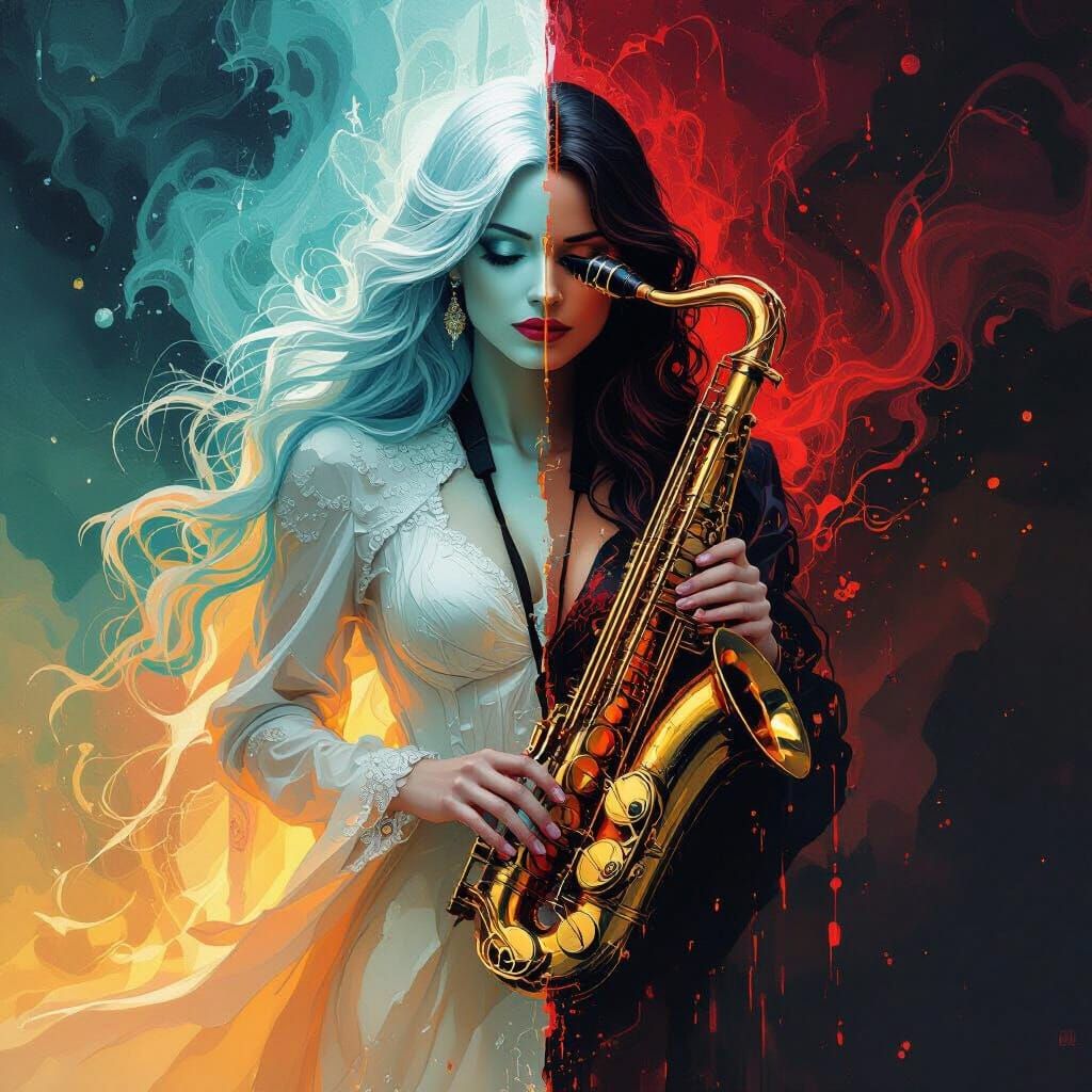 Dual Saxophonist: Surreal Glitch Art in Dreamlike Style