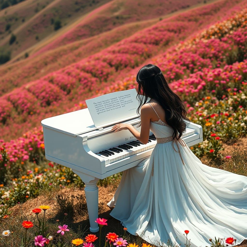 Ethereal Woman Plays Piano in Vibrant Summer Bloom Landscape