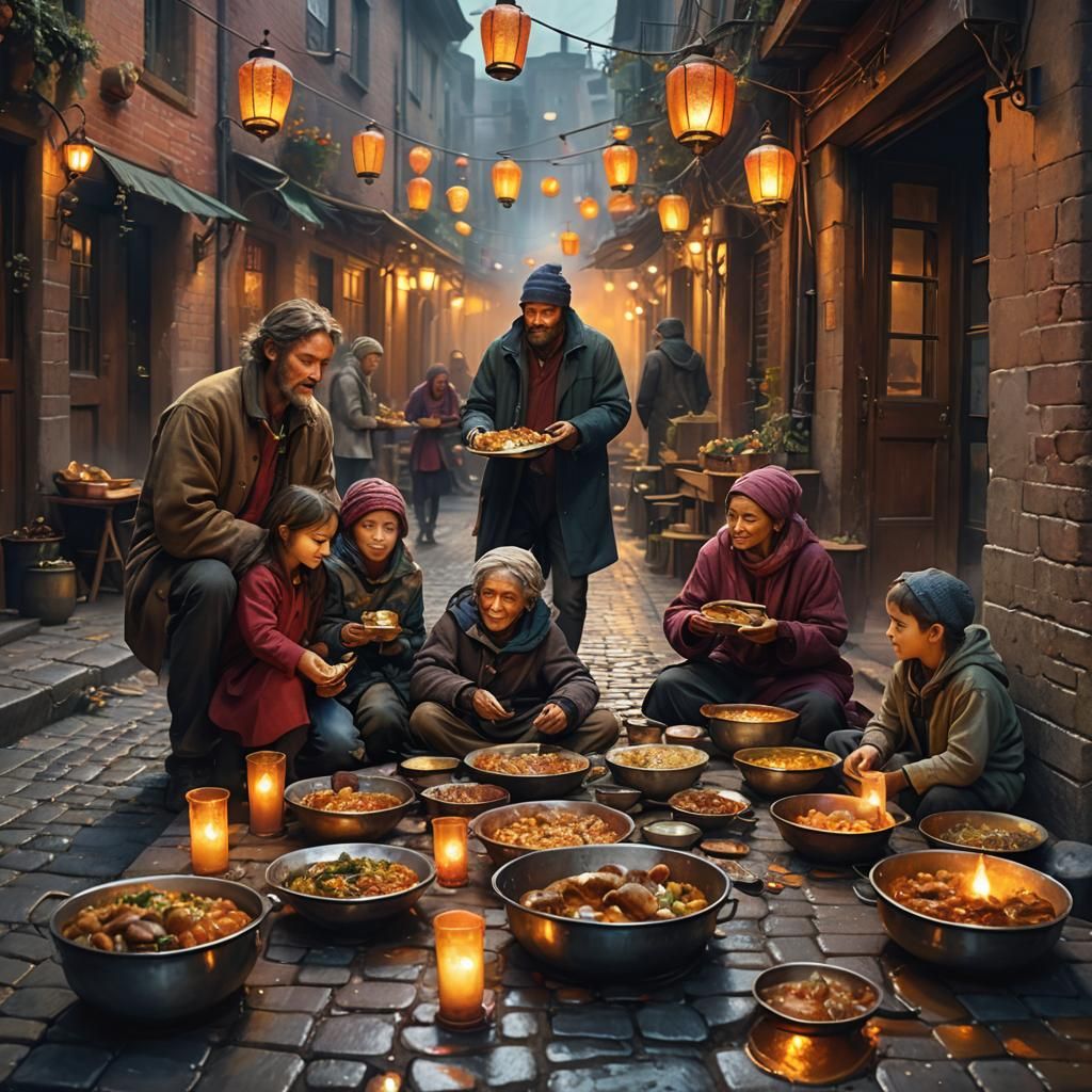 Homeless Family's Magical Holiday Feast in Art Nouveau Style
