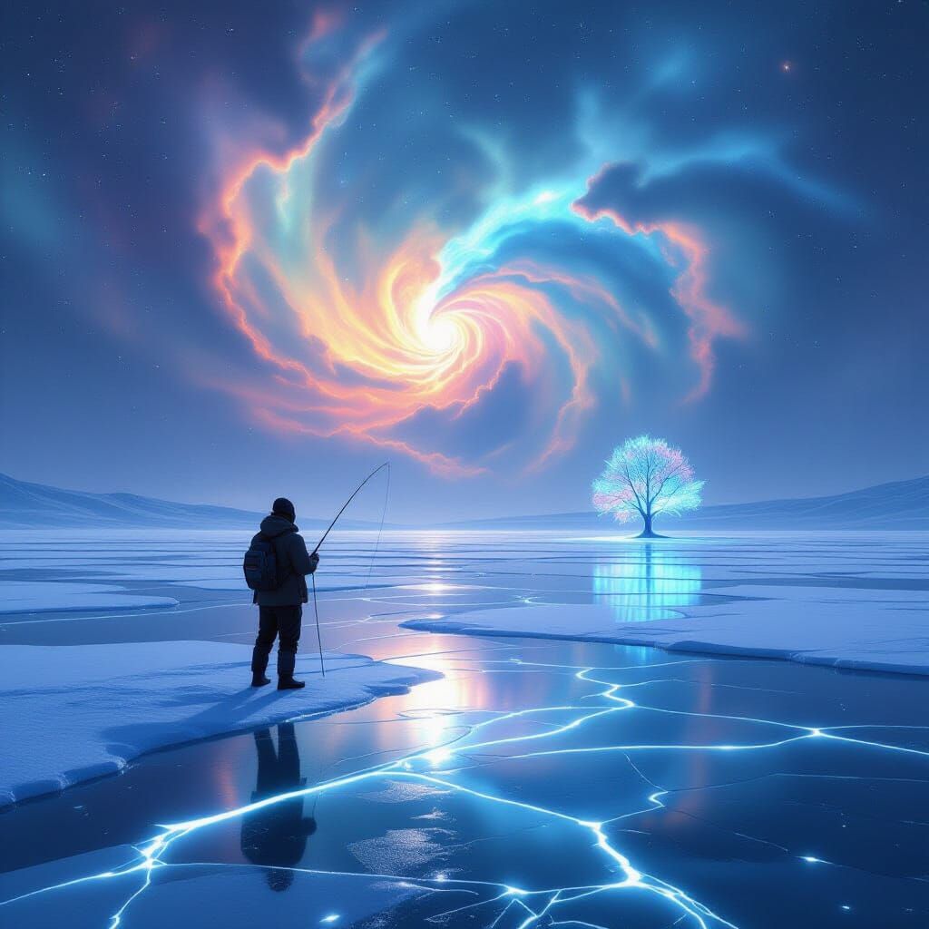 Lone Fisherman on Ethereal Frozen Lake Under Alien Nebulae S...