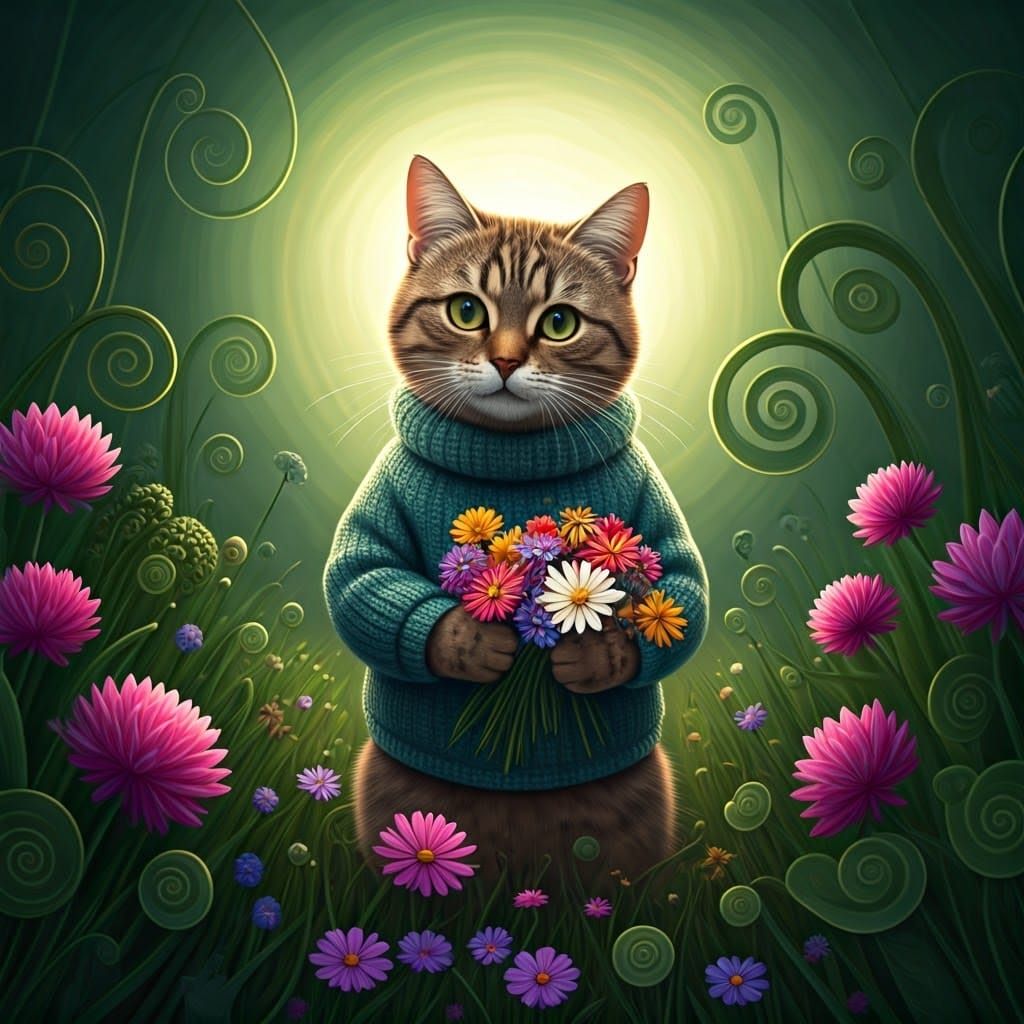 Whimsical Cat Picking Wildflowers in Dreamlike Meadow