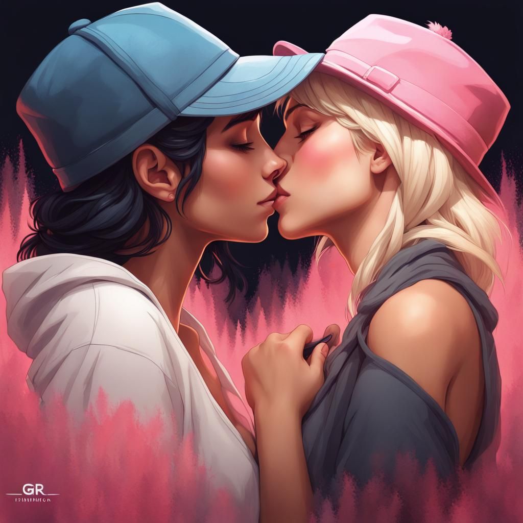 A Cute Lesbian Couple Kissing in Artgerm Style