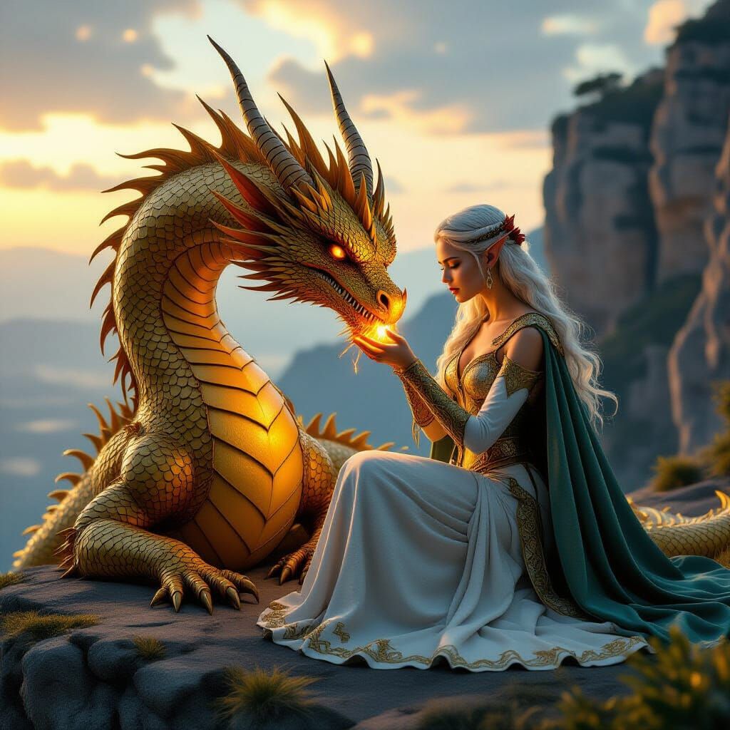 Elven Warrior Soothes Dragon on Cliffside
