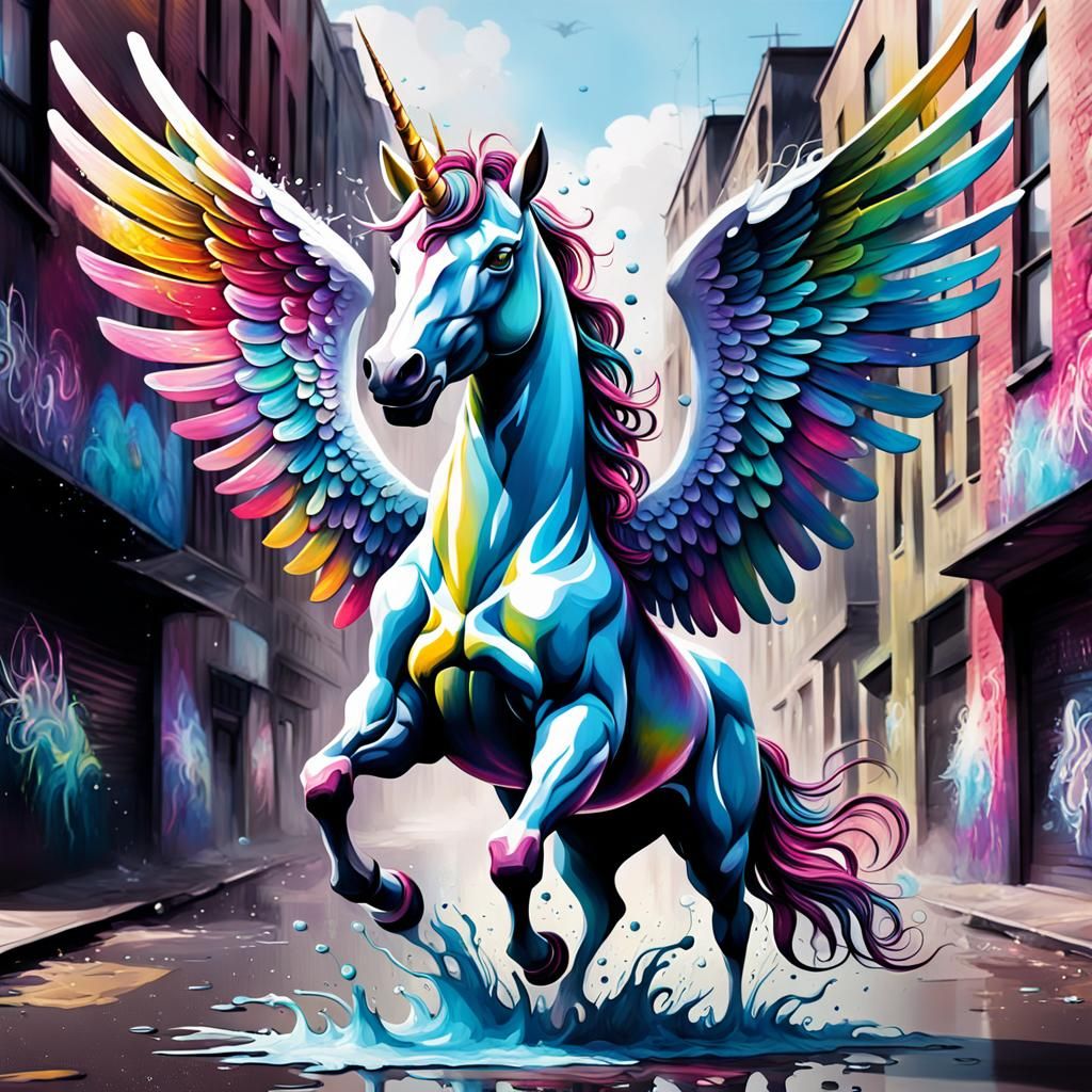 Majestic Winged Unicorn in Graffiti Splash Art