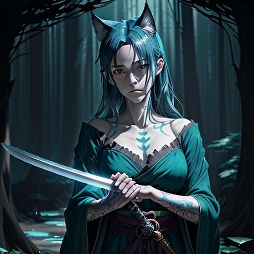 Anime Woman with Wolf Features in Forest