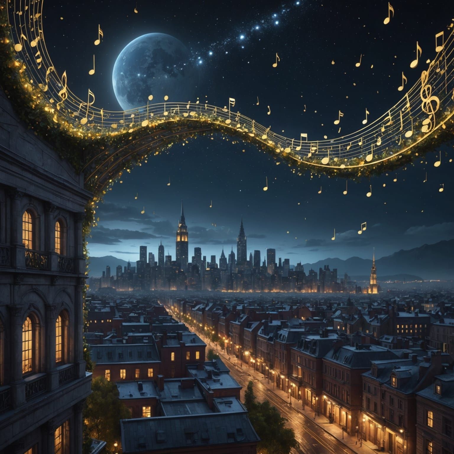 Fantastical Cityscape: Cascade of Musical Notes