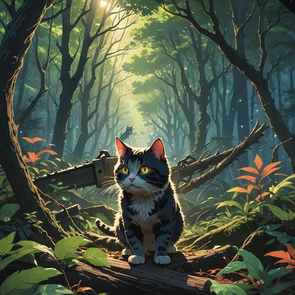 Cat Chainsaw Battle in Anime Forest