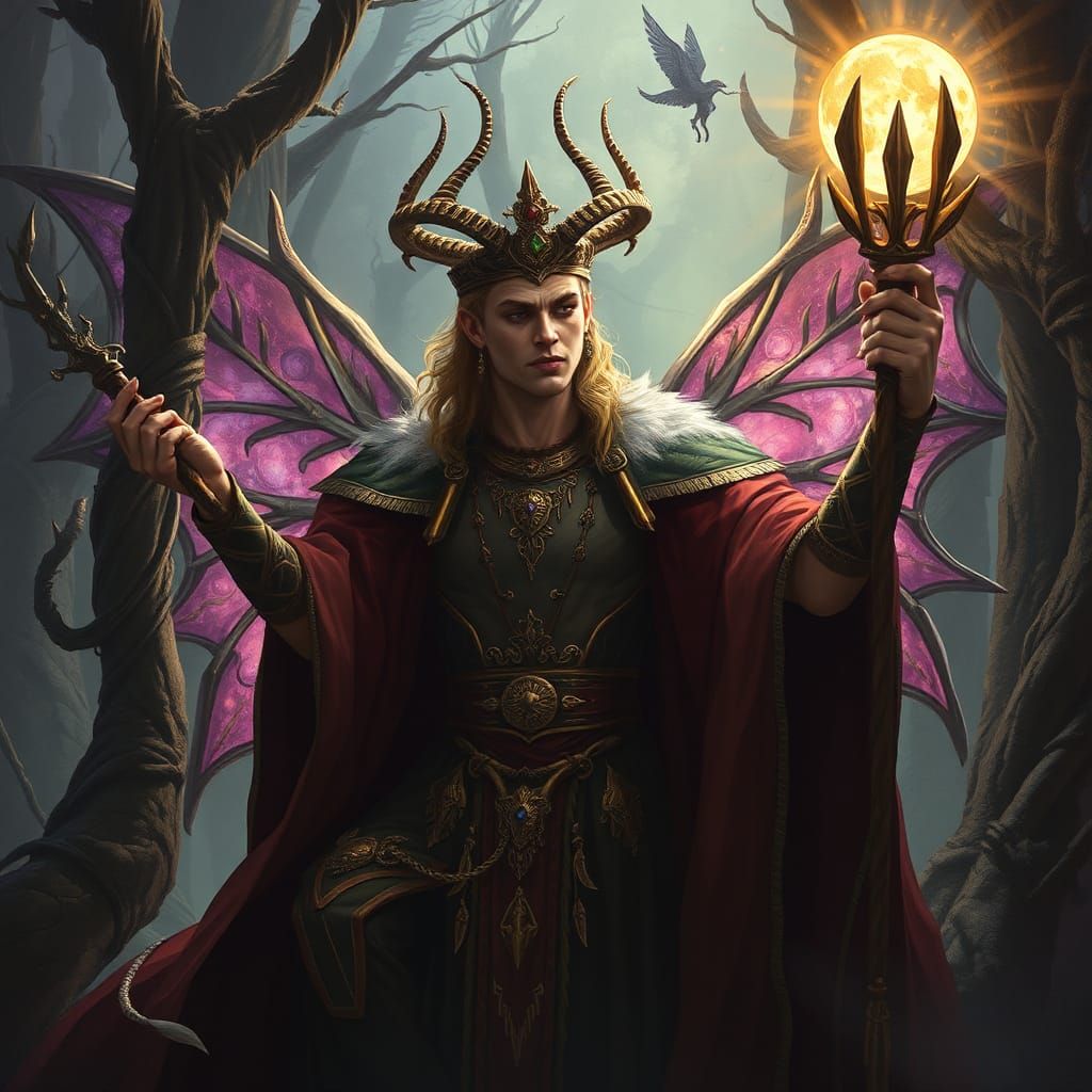 Visualize a scene with Oberon, the high king of the Fae. As a character with immense authority, he cruises over the moon...