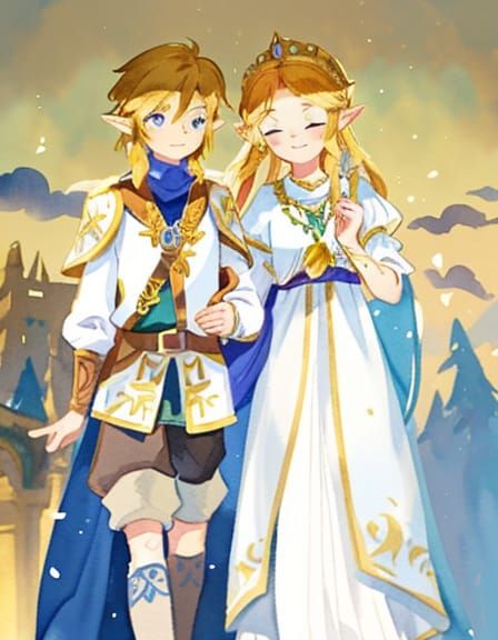 Link and Zelda: A Watercolor Fantasy Portrait