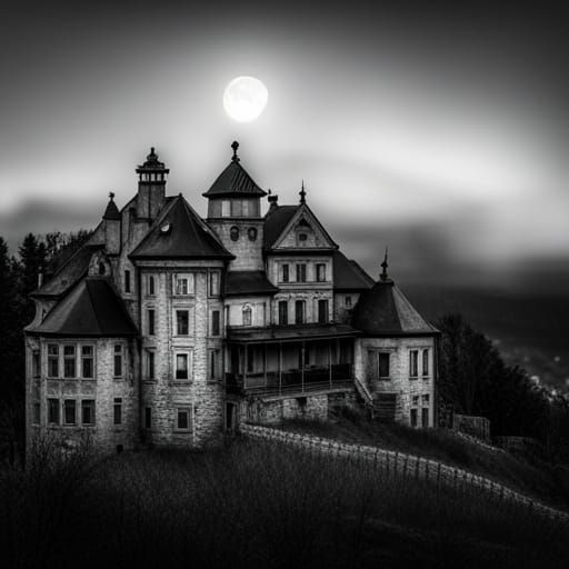 Sinister Mansion Overlooks Town in Moonlight