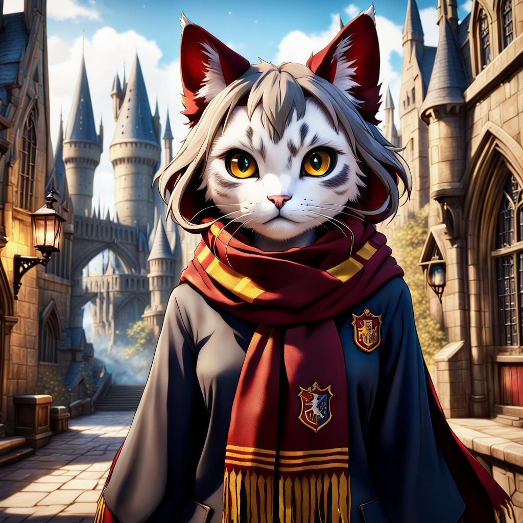 Anime Cat Girl at Hogwarts in Gryffindor Colors